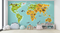 Animals of the World Map Wallpaper Design
