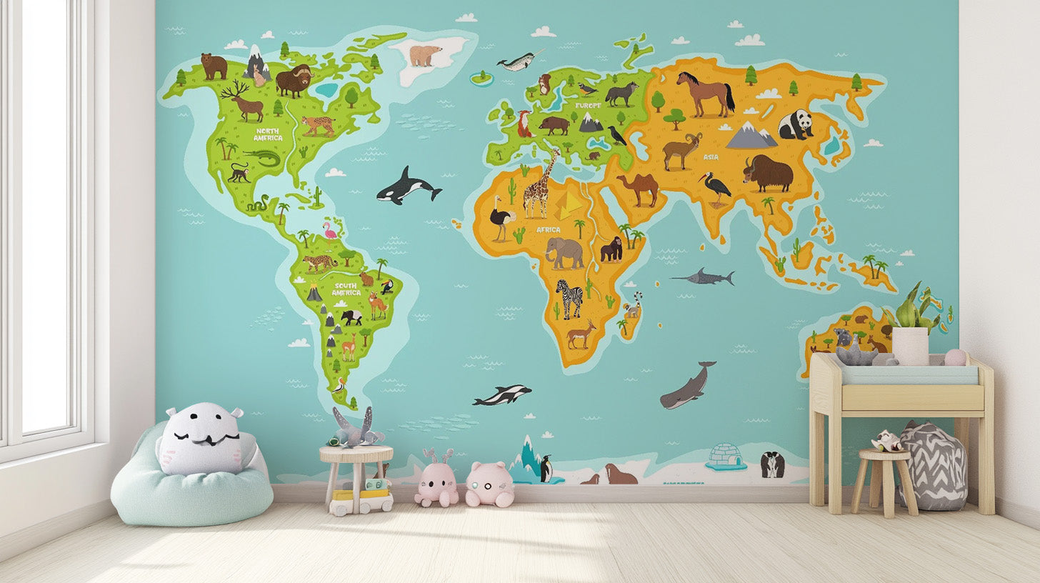 Soft pastel wildlife animals world map wallpaper for a gentle nursery look.