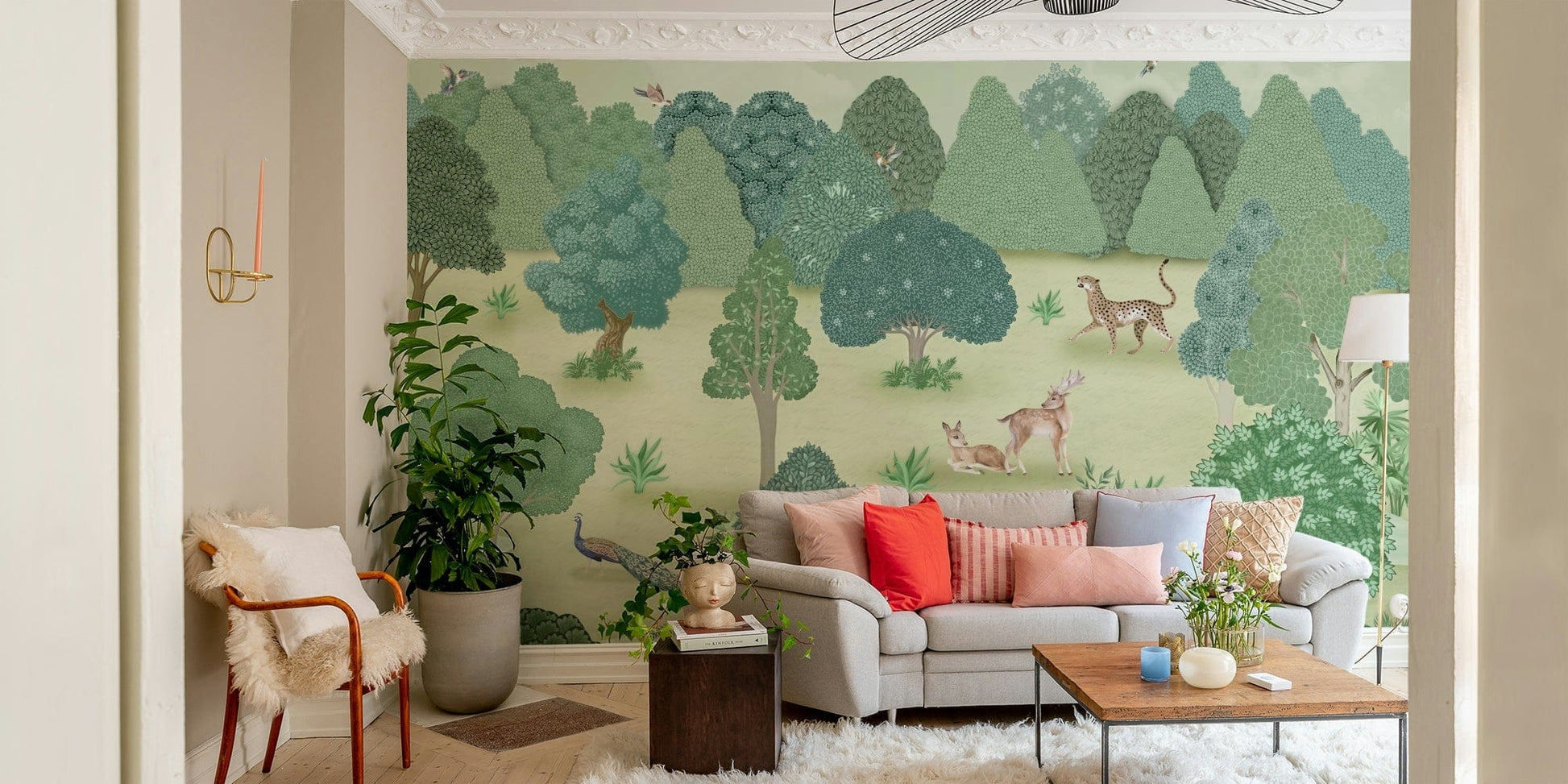 A peaceful wall mural with an organic, animal-themed design.

