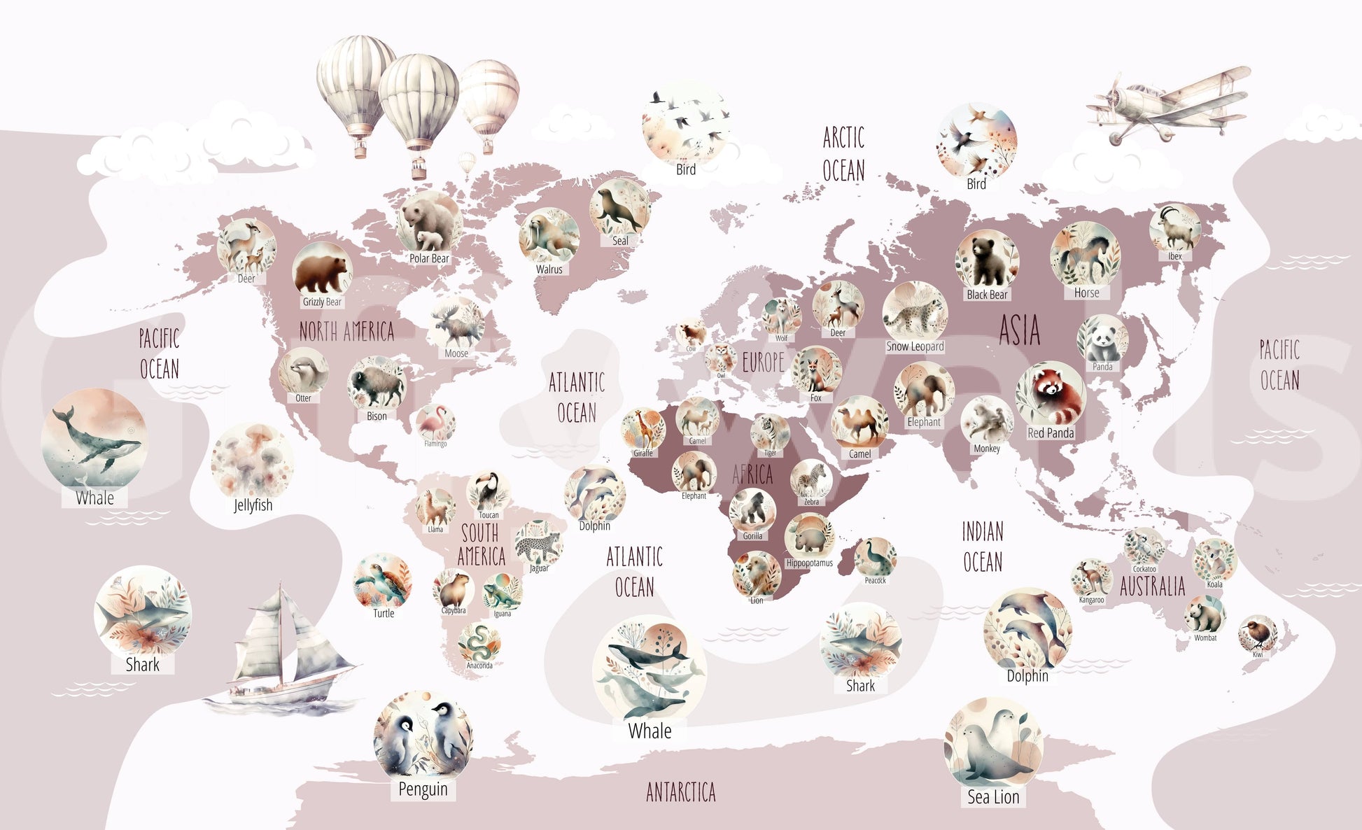 Delightful Wildlife World Map children's  wallpaper 