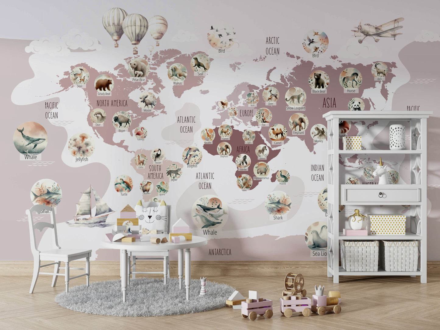 Delightful Wildlife World Map nursery decor wallpaper