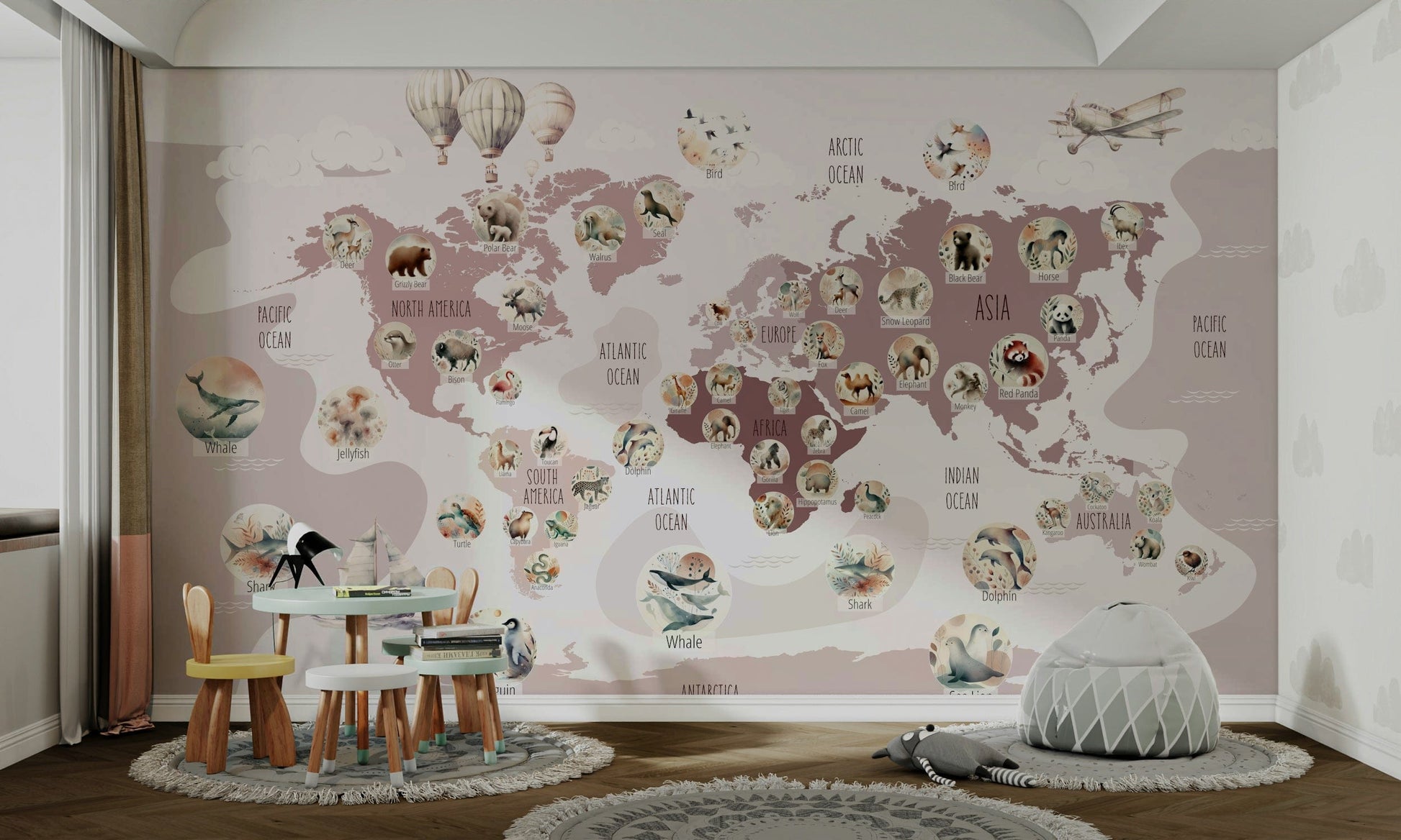 Delightful Wildlife World Map kids decor wallpaper
