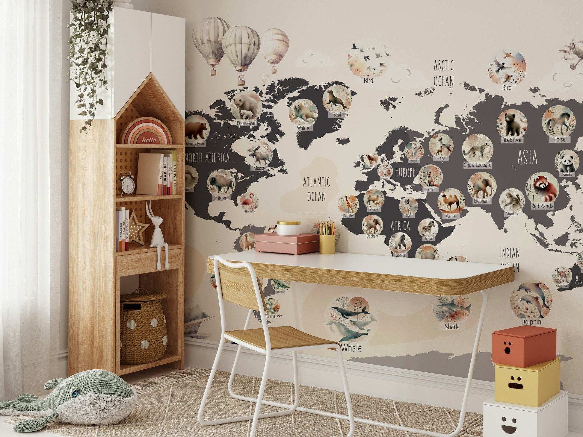 A map of the world wallpaper with wildlife animals.

