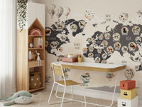A map of the world wallpaper with wildlife animals.

