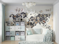 An interior view showing a wall decorated with a Chic Wildlife World Map Wall Mural.

