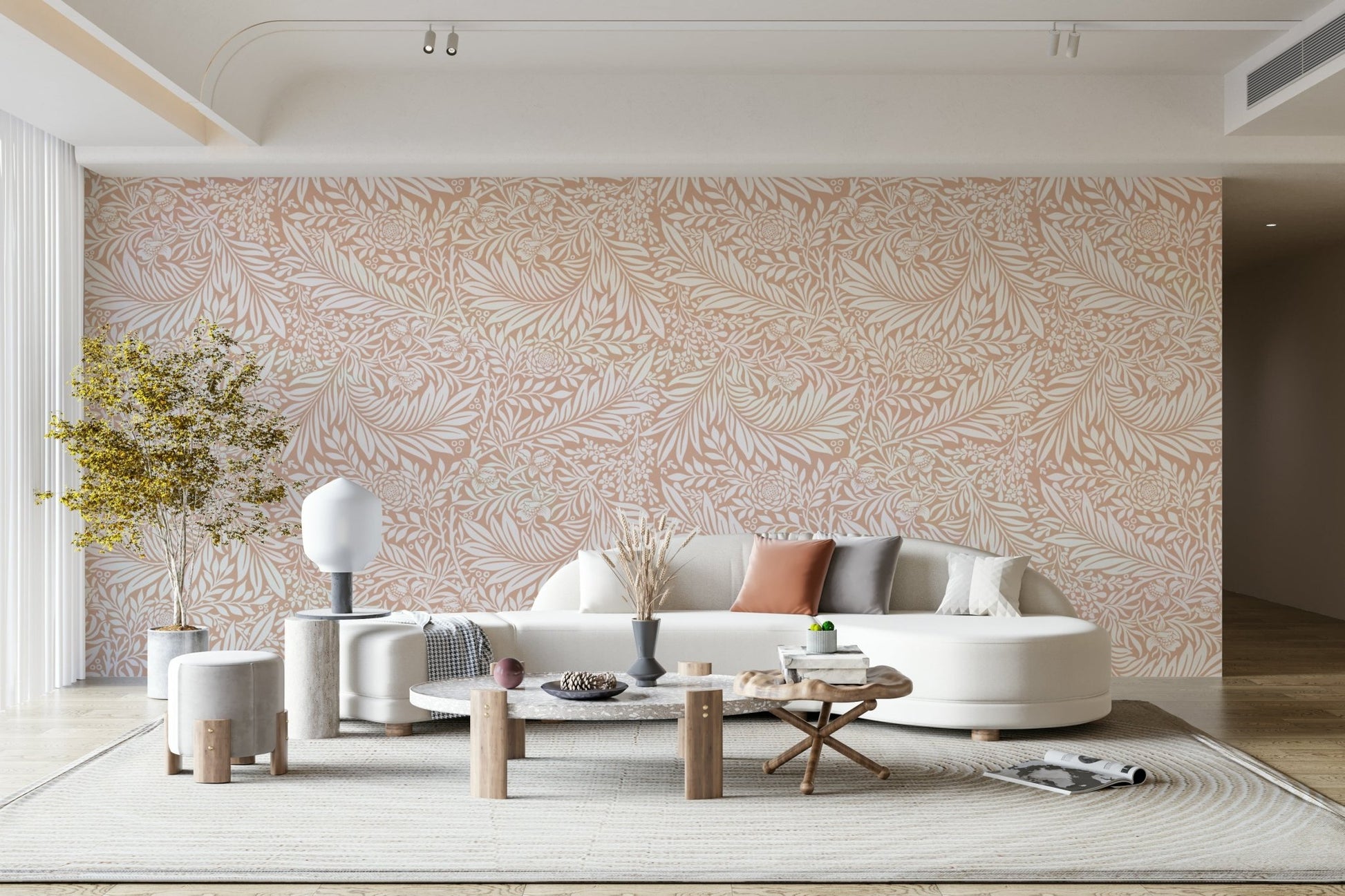 The image shows a repeating design of larkspur flowers and leaves.

