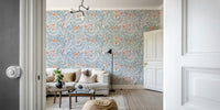 The colors are rich and warm, with a dominant blue and cream tone.

