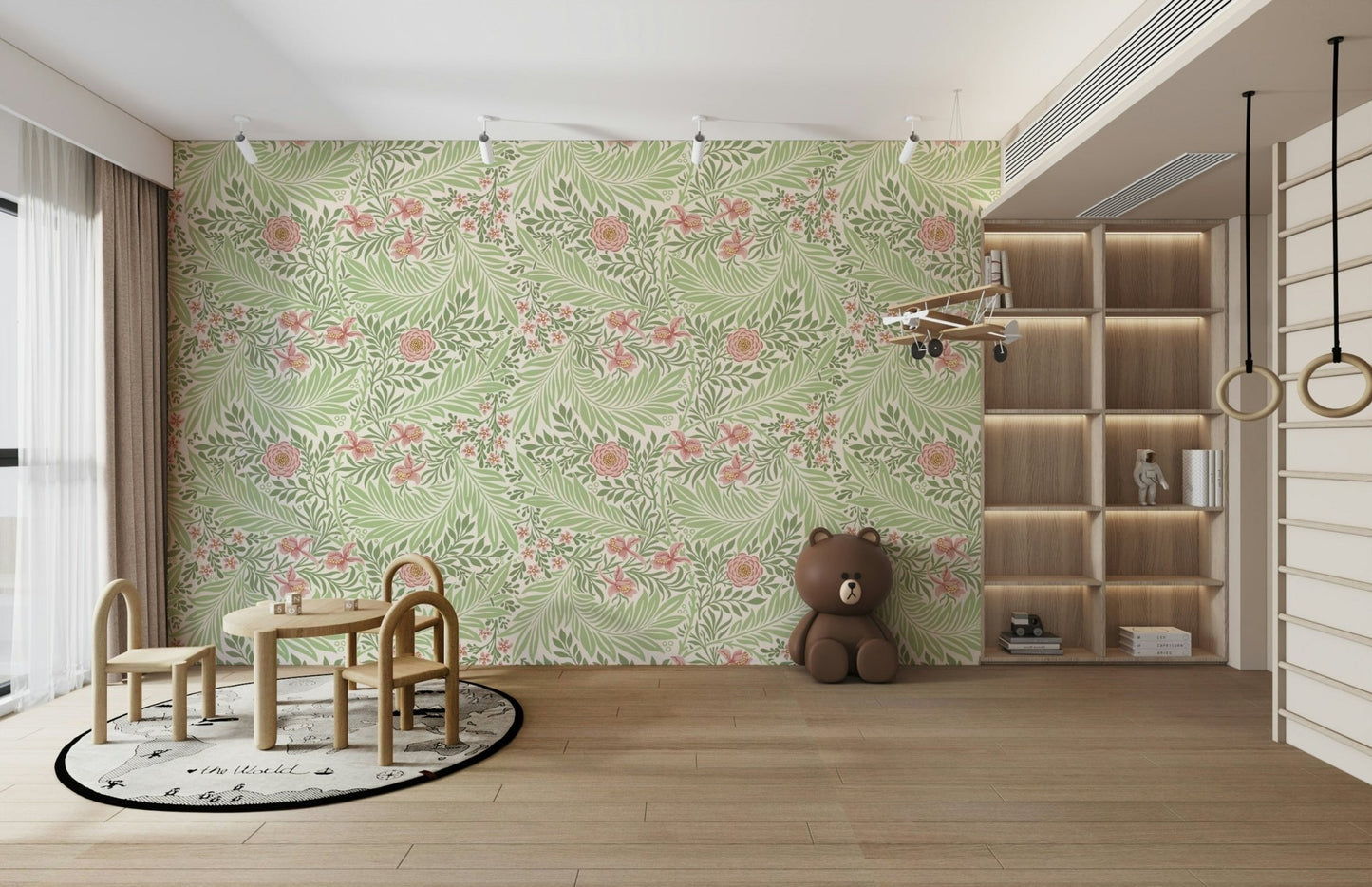 The mural extends across the entire wall, creating a clean backdrop.

