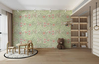 The mural extends across the entire wall, creating a clean backdrop.

