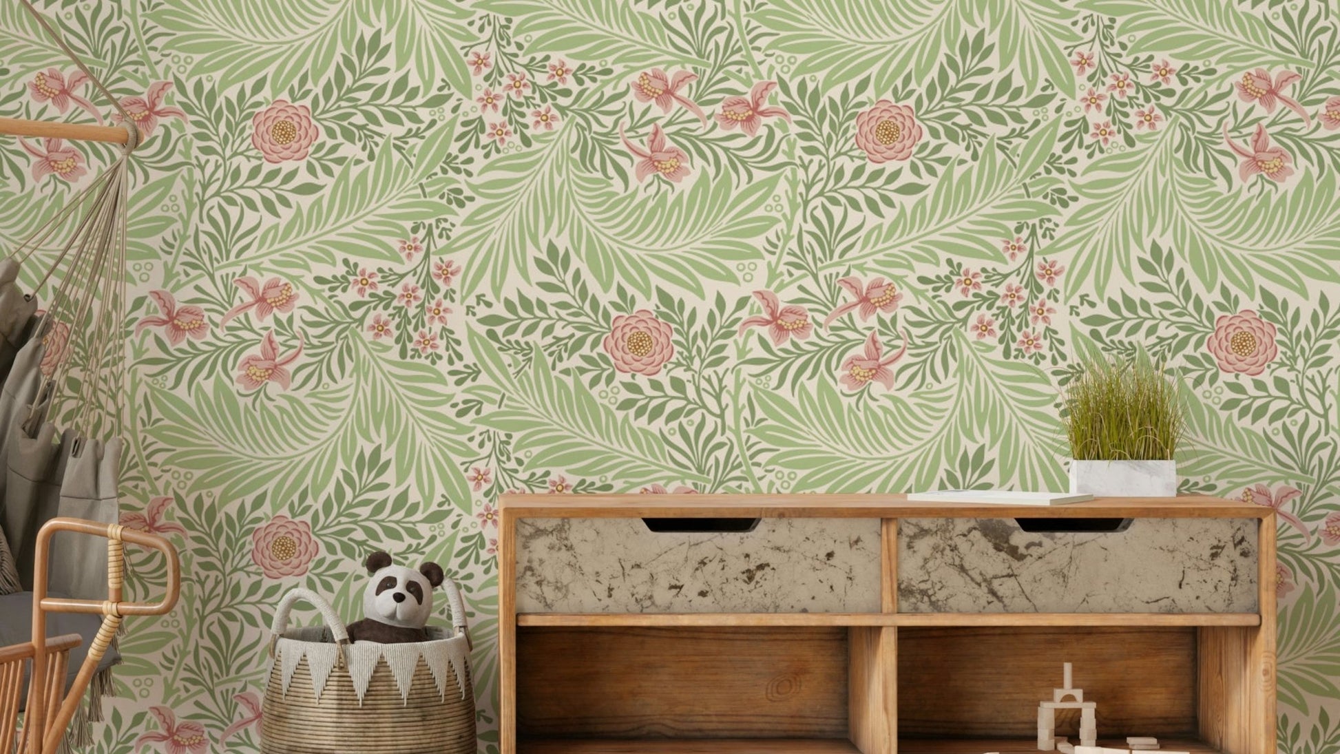 A wallpaper featuring a classic, intricate floral pattern.

