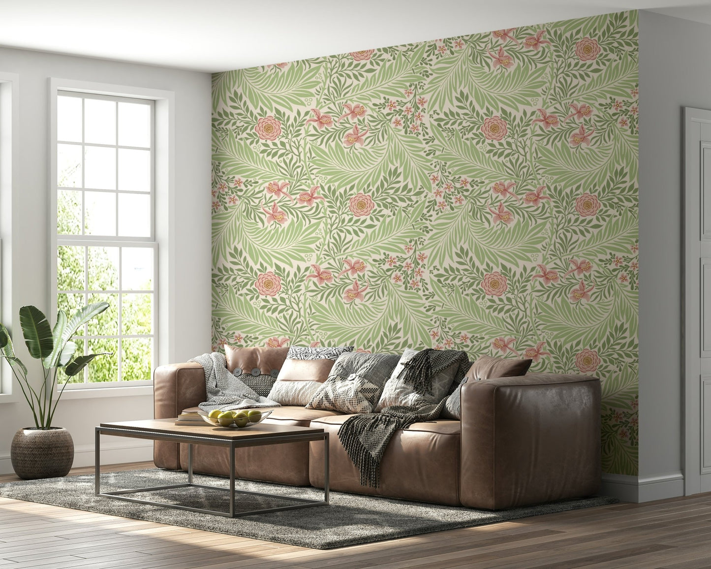 The wallpaper is installed in a classic, elegant living room.

