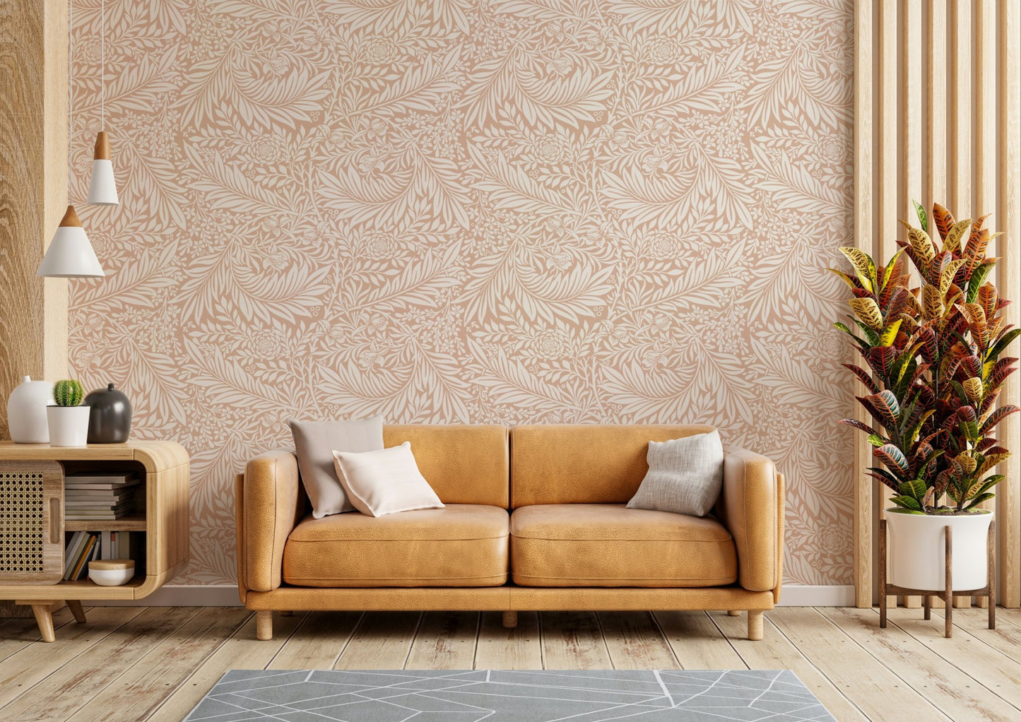The image shows a repeating design of larkspur flowers and leaves.


