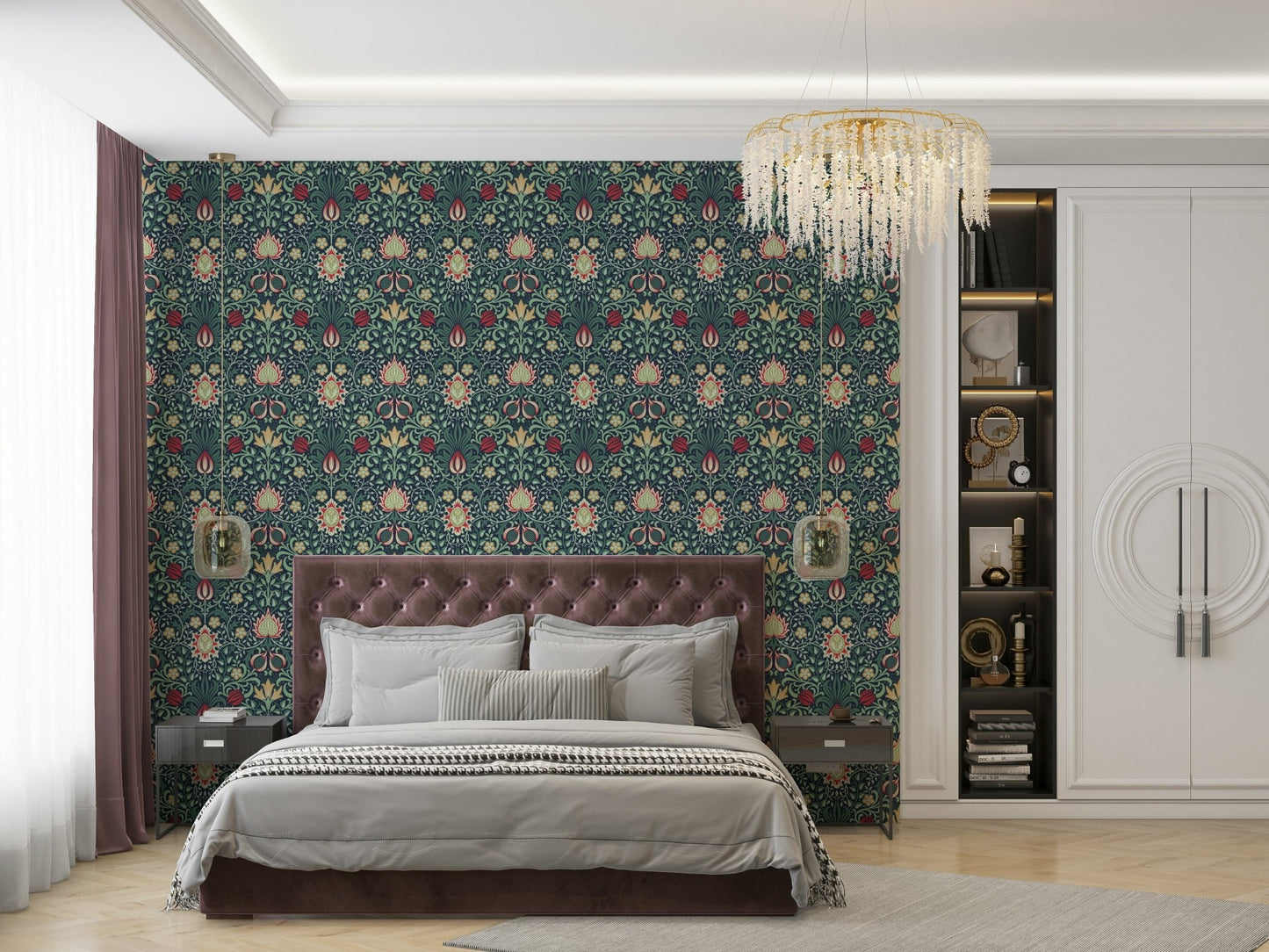 The image shows a repeating design of ornate flowers and leaves.

