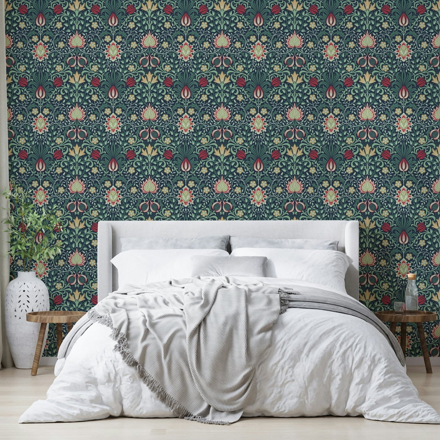 The room's lighting highlights the timeless feel of the pattern.

