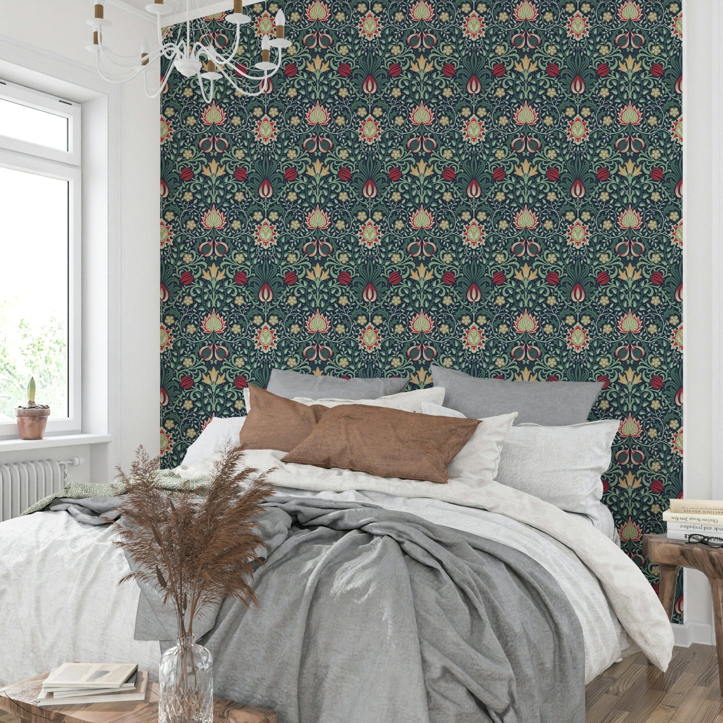 The wallpaper is installed in a classic, elegant living room.

