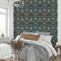 The wallpaper is installed in a classic, elegant living room.

