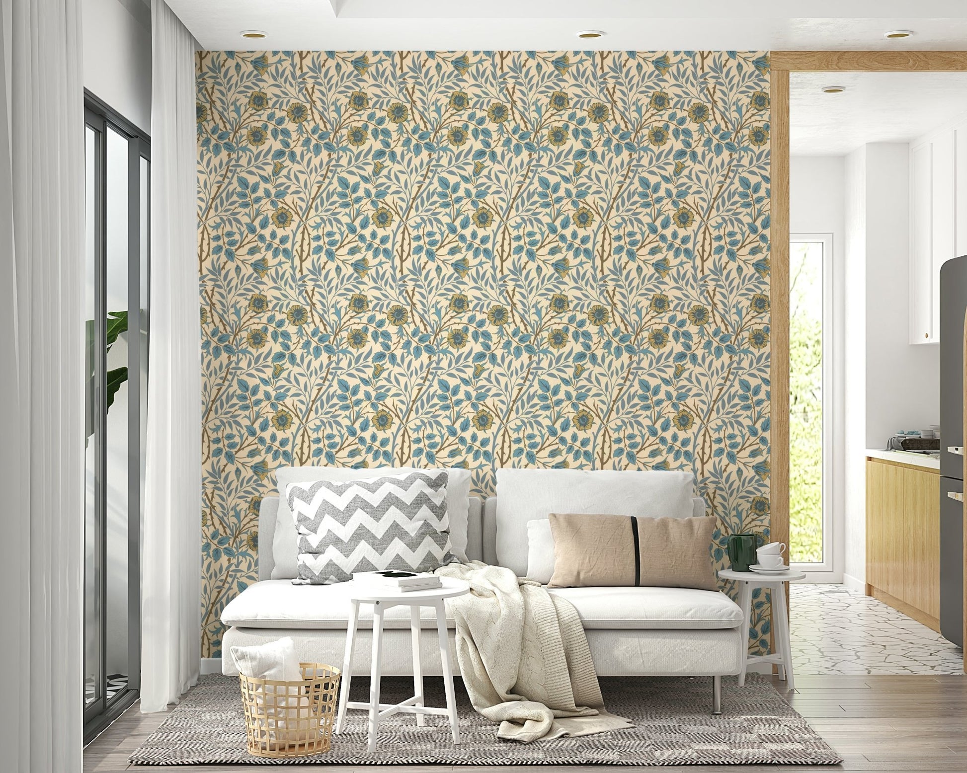 The mural extends across the entire wall, creating a clean backdrop.

