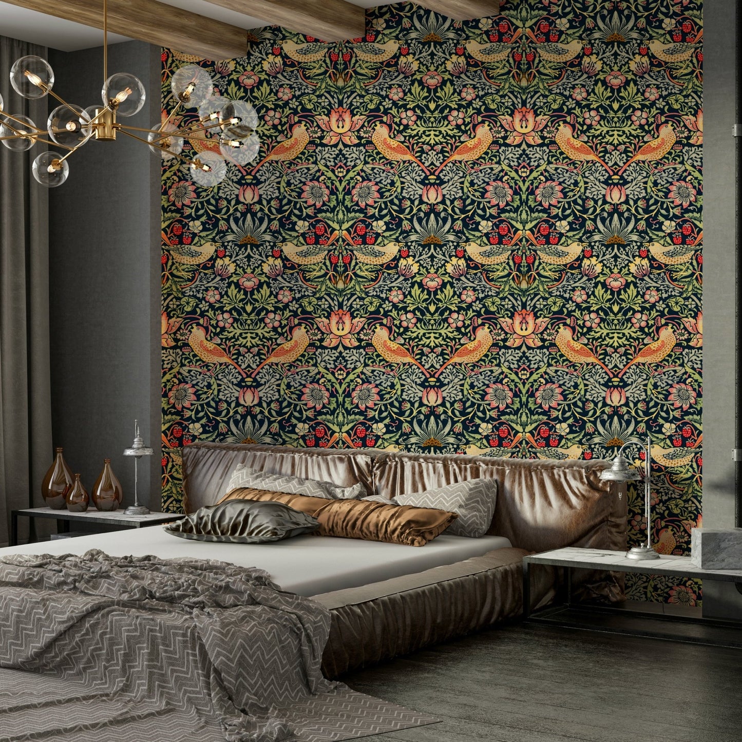 A close-up view shows the fine details of the birds and fruit.

