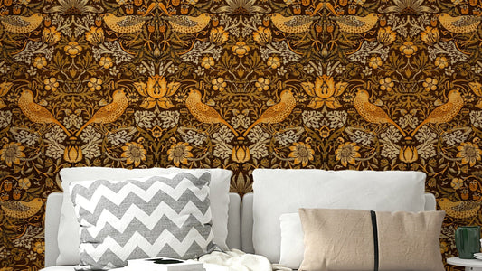 A wallpaper featuring a classic, intricate botanical pattern.

