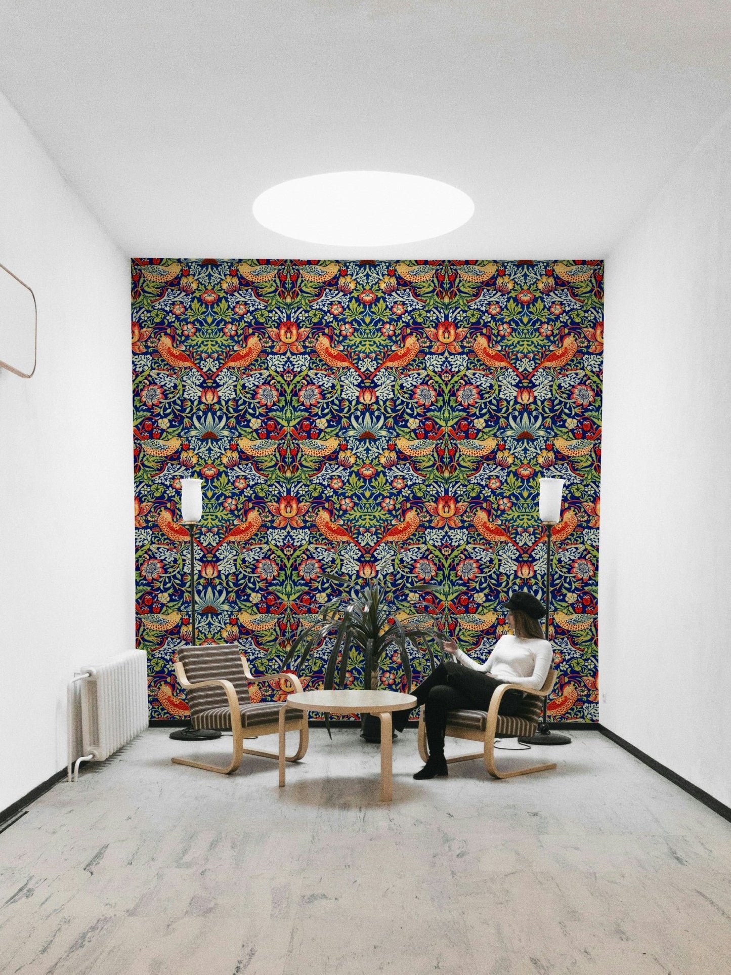 The wallpaper is installed in a classic, elegant living room.

