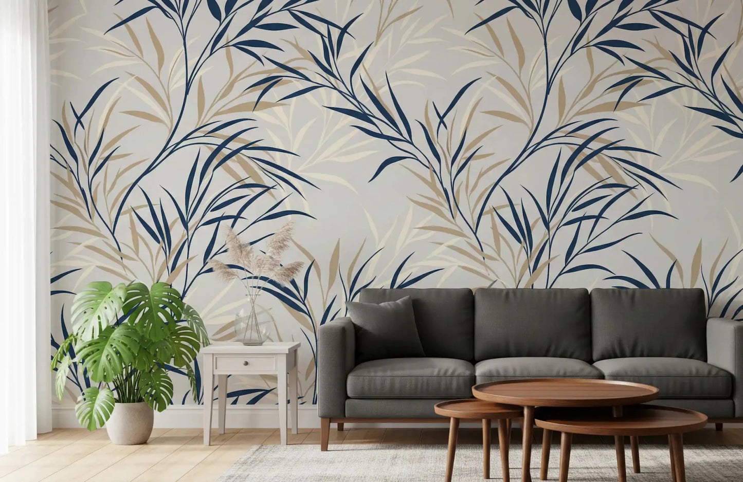 Living room willow branch wall mural with blue leaf pattern