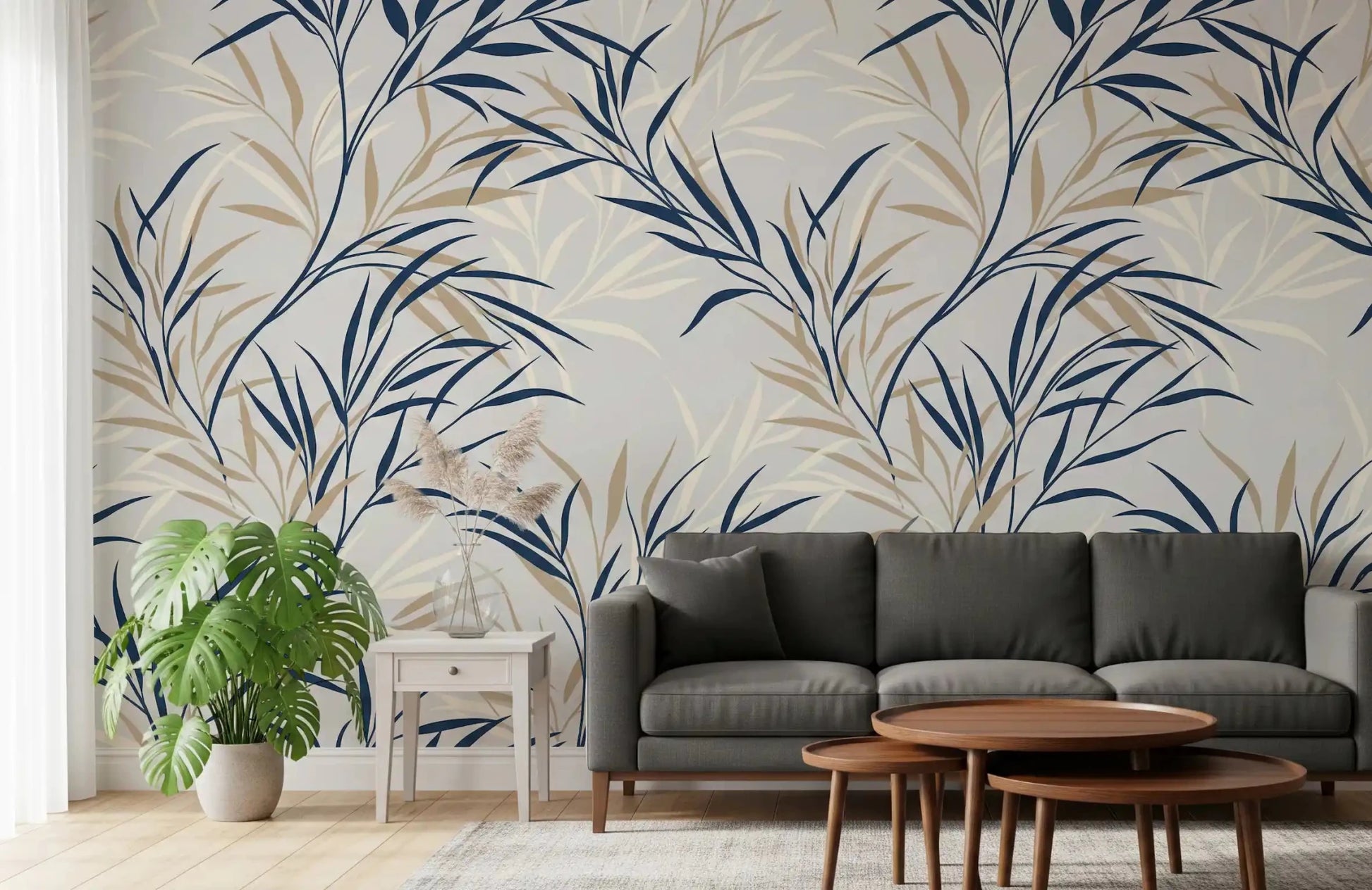 Living room willow branch wall mural with blue leaf pattern