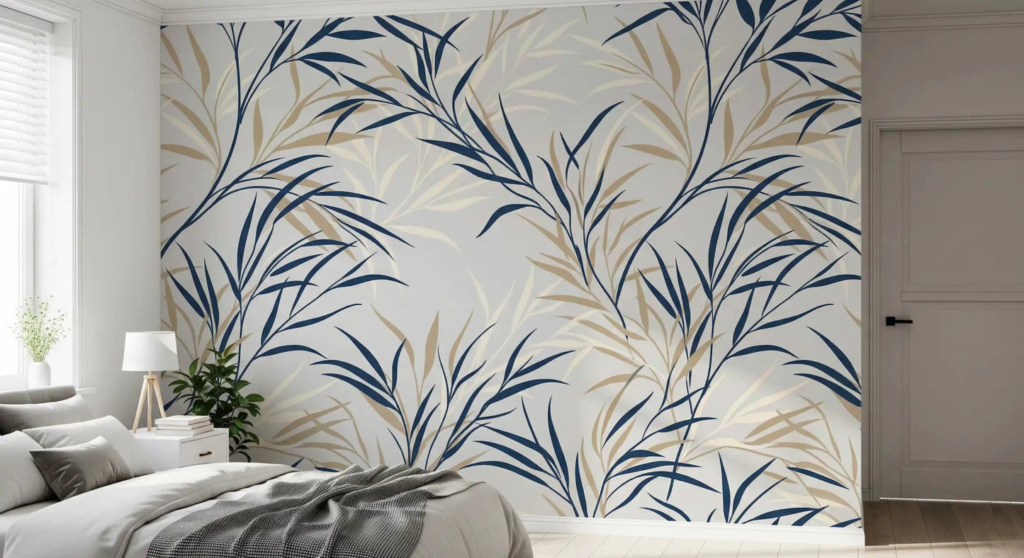 Botanical willow leaf wall mural with soft flowing branches