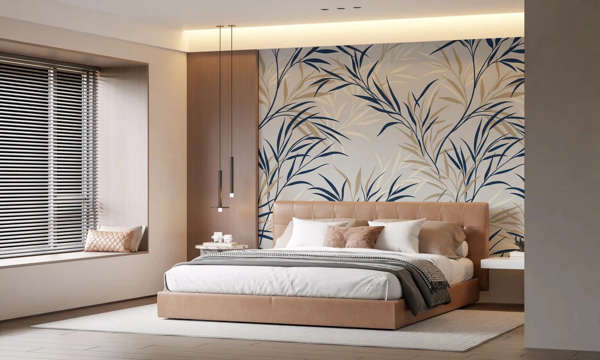 Bedroom botanical wall mural with soft willow branch design