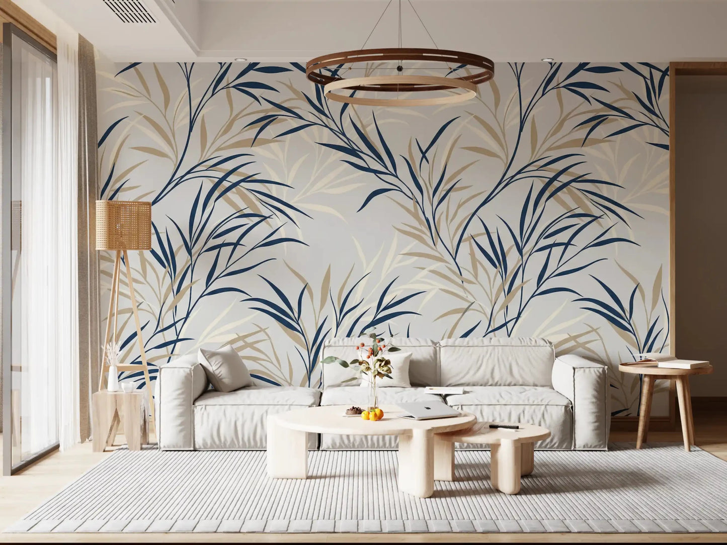 Nature wall mural with willow leaves and soft beige backdrop