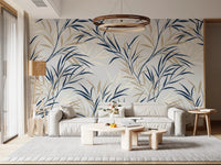 Nature wall mural with willow leaves and soft beige backdrop