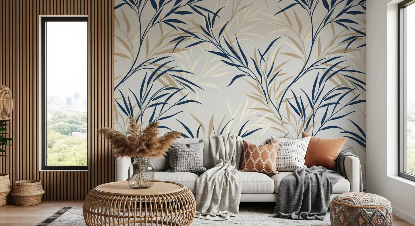 Blue foliage wall mural with delicate willow branch pattern