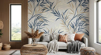 Blue foliage wall mural with delicate willow branch pattern