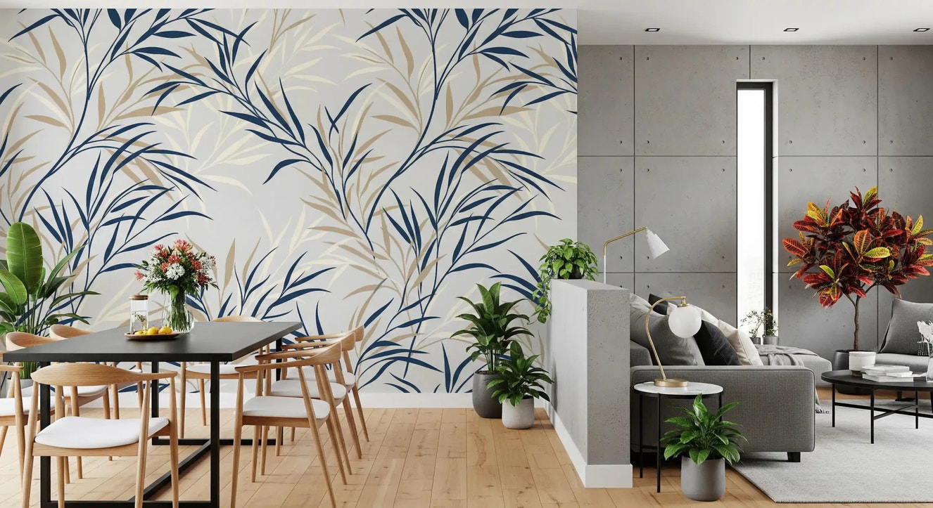 Willow Branch Serenity wall mural with blue and beige leaves