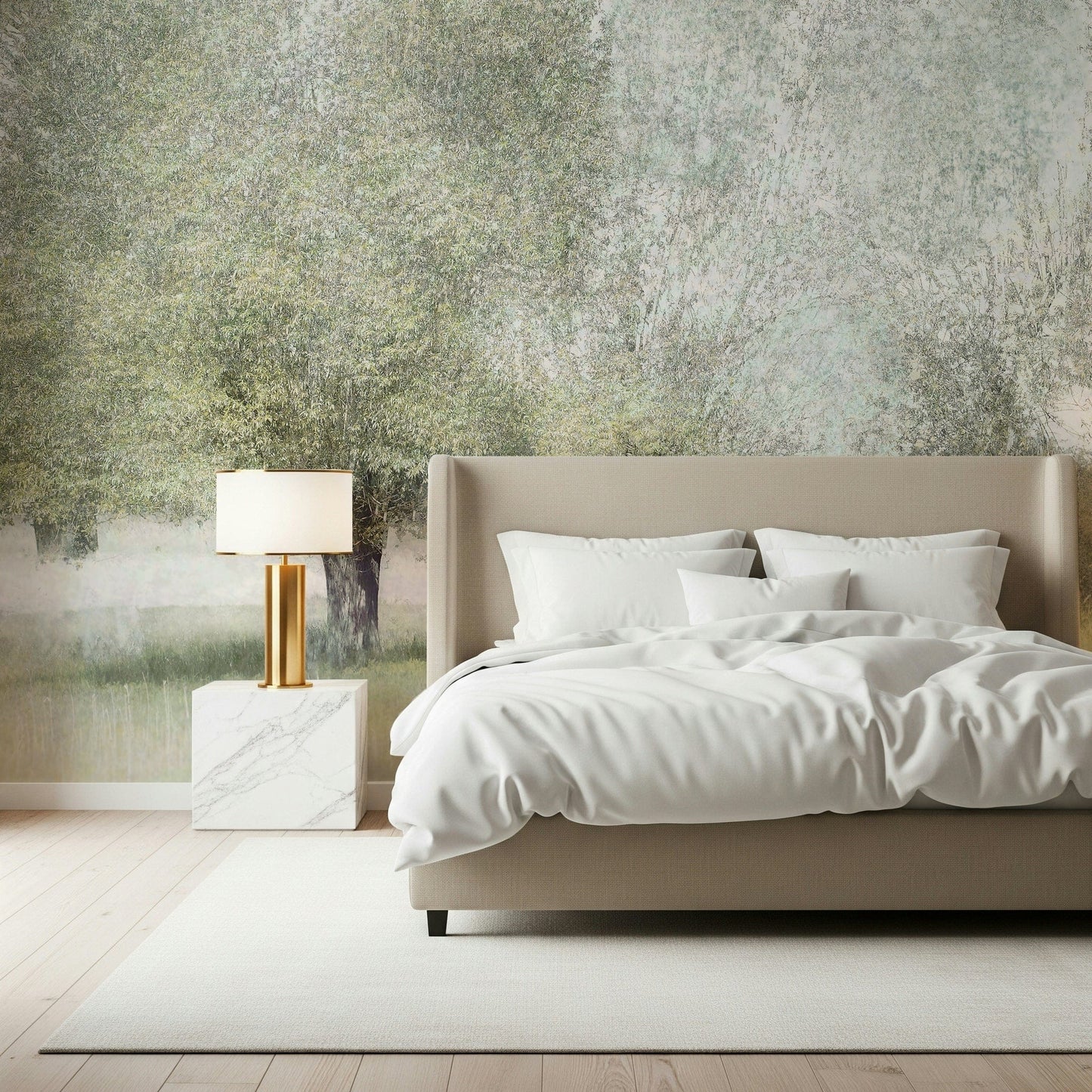 A calming foliage design wallpaper mural that defines a space.