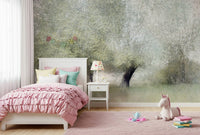 A peaceful botanical theme mural on decorative wallpaper.