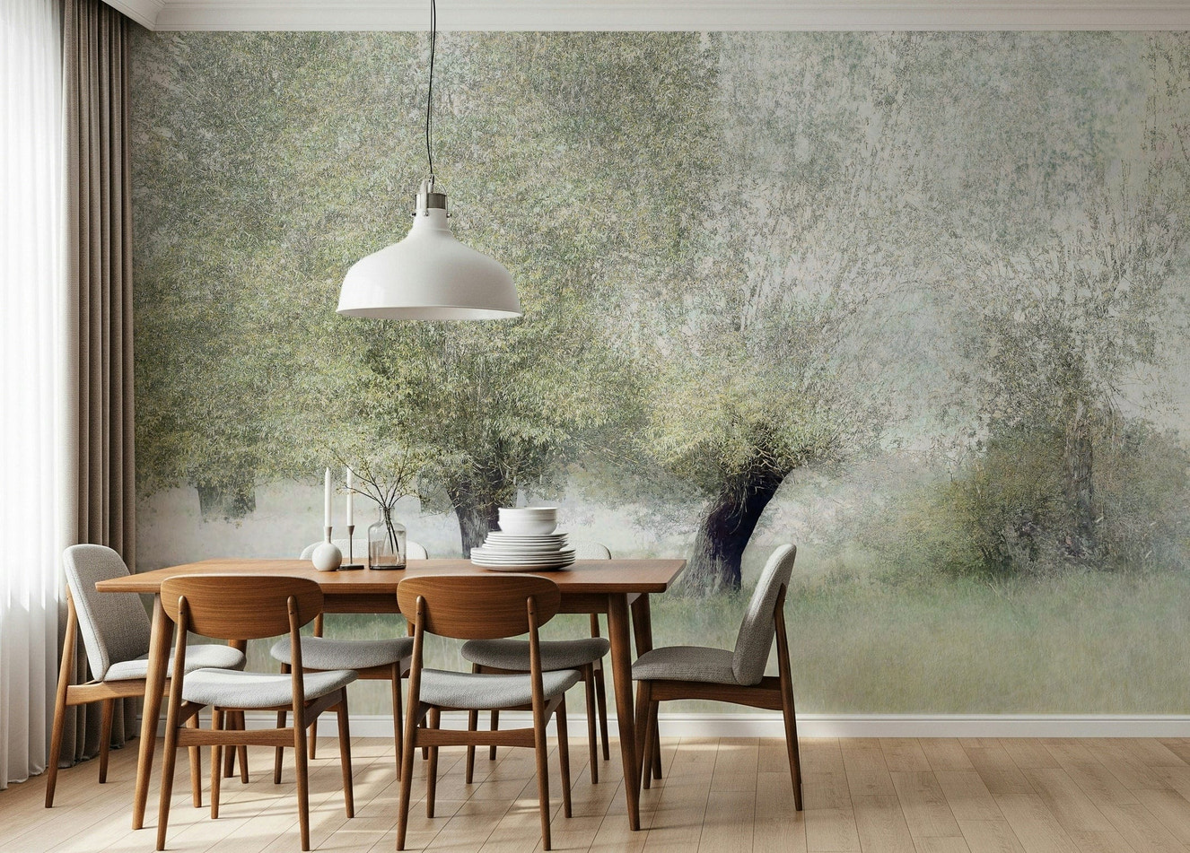 A contemplative gentle leaf wallpaper mural for a feature wall.