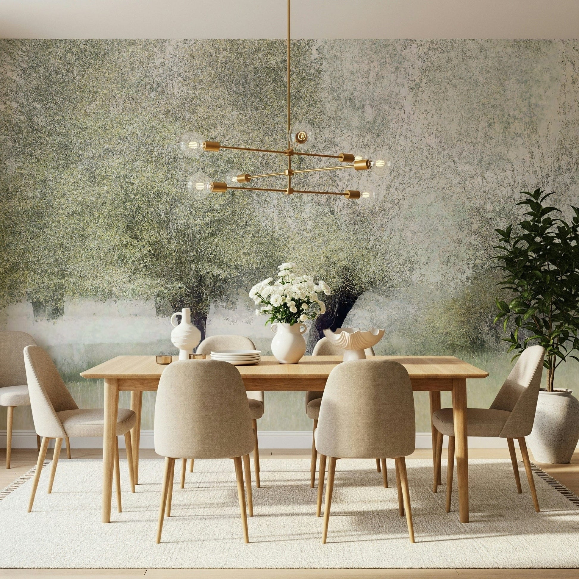 An artistic soft focus mural on minimalist wallpaper.