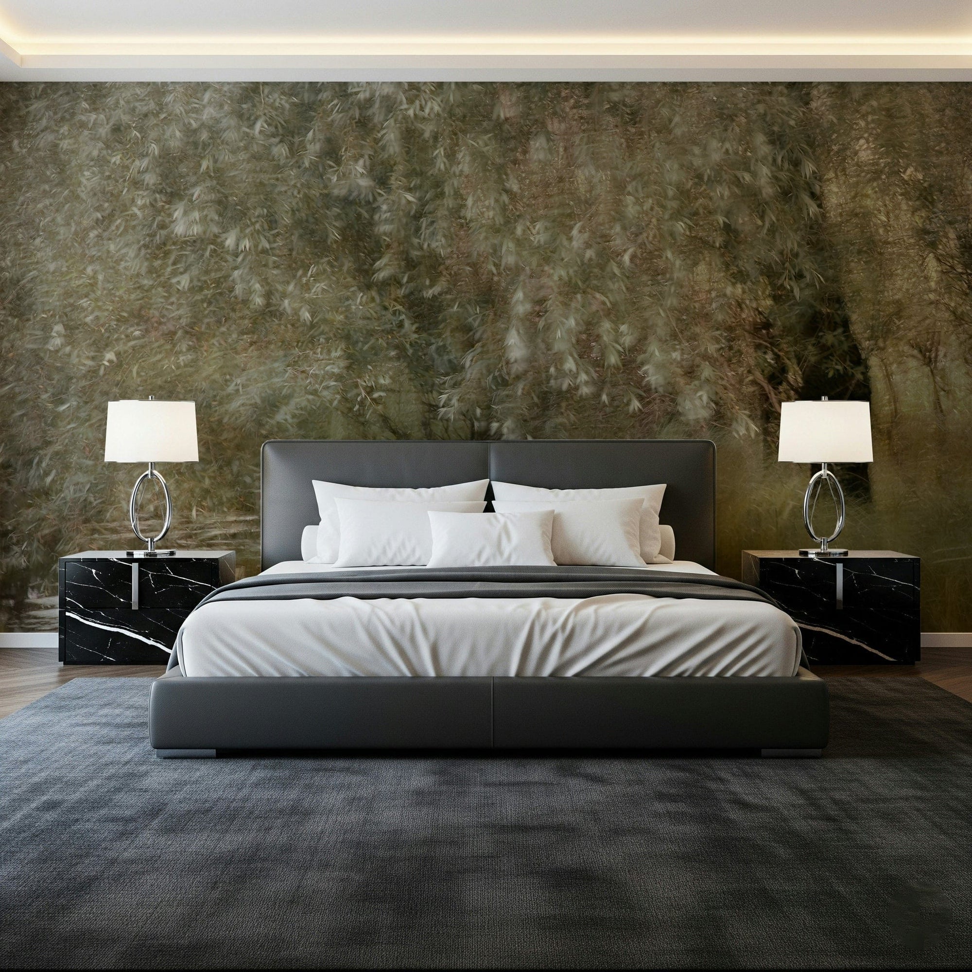 Willow Whispers wallpaper mural of a soft green weeping willow above a grey leather bed with black marble nightstands