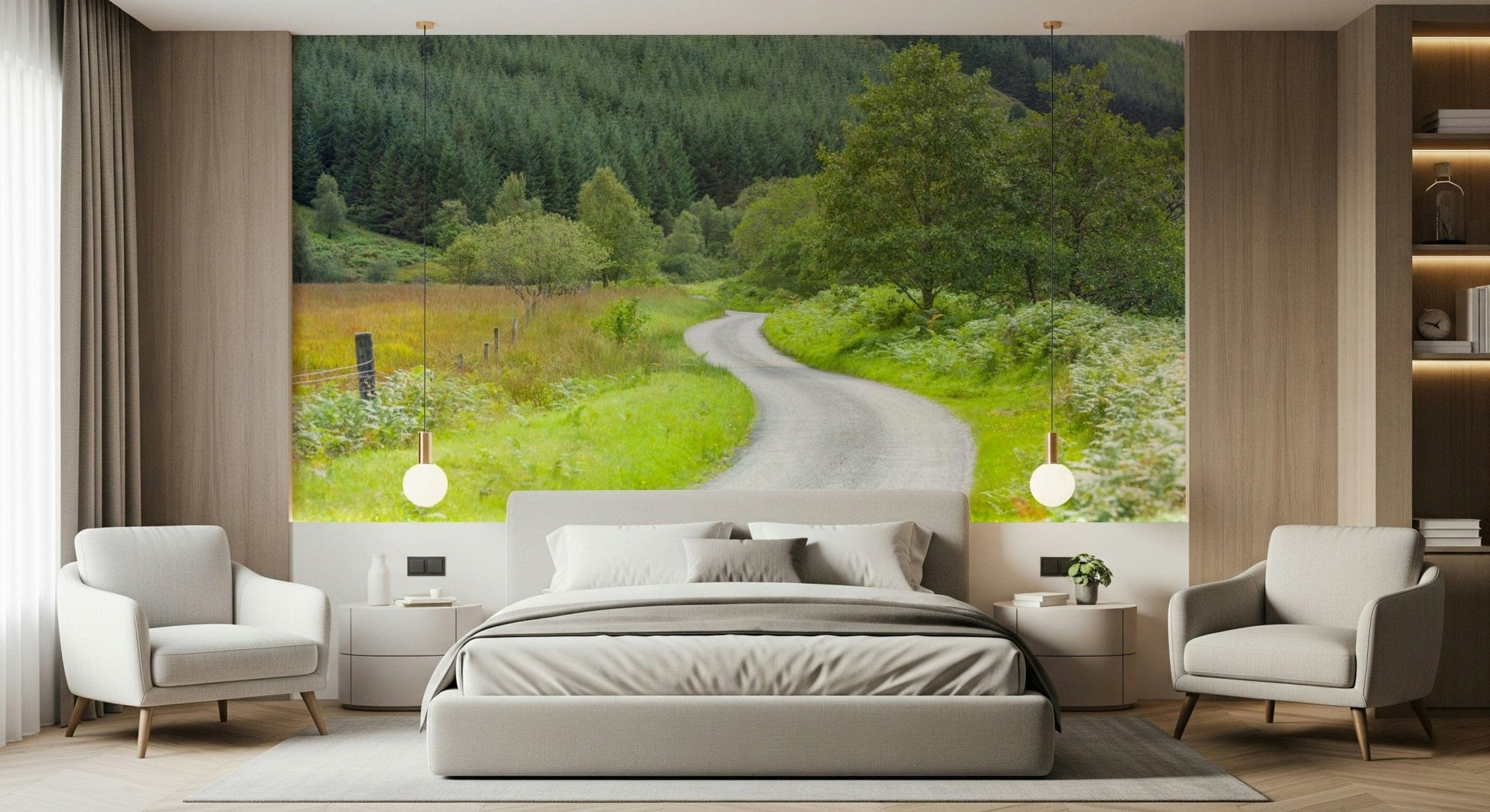 Forest wallpaper for walls, featuring a captivating, peaceful roadway. Serenity.