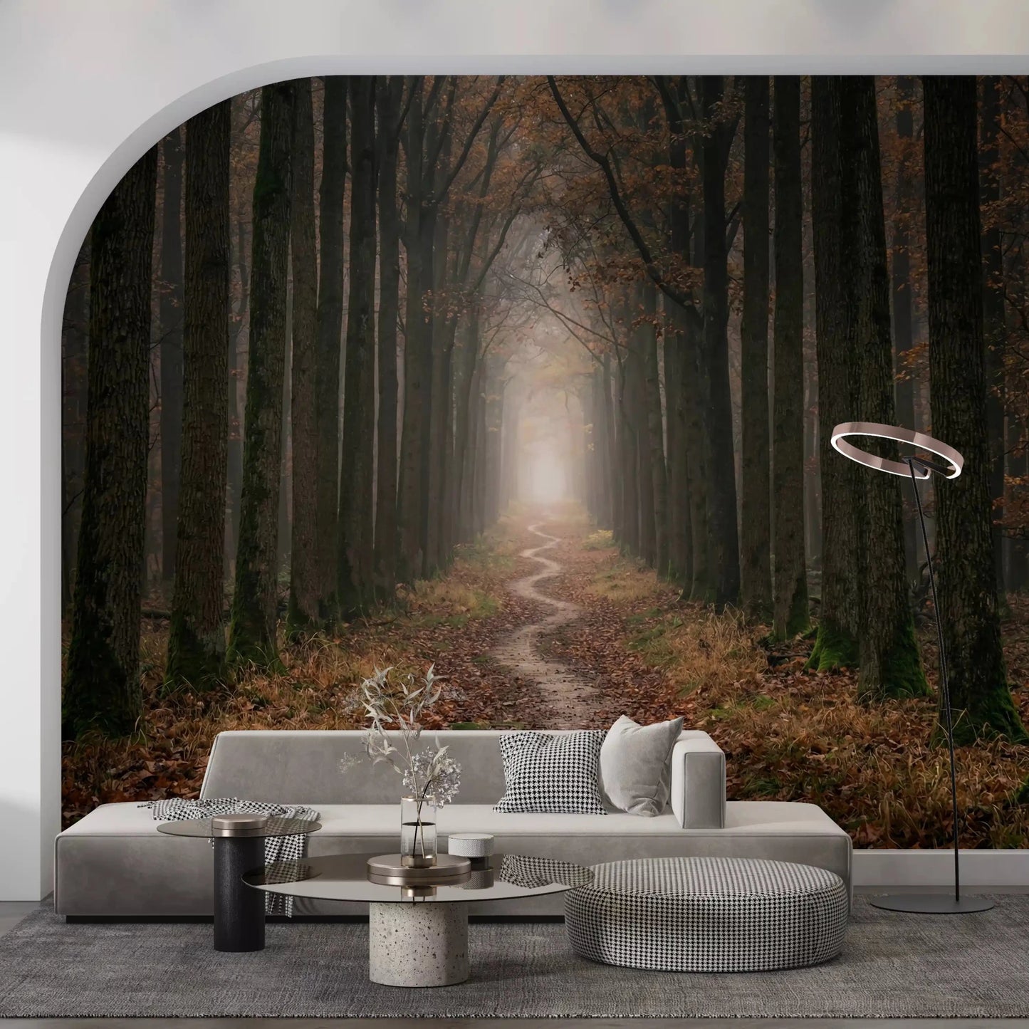 Misty forest way wall mural with tall trees and pathway