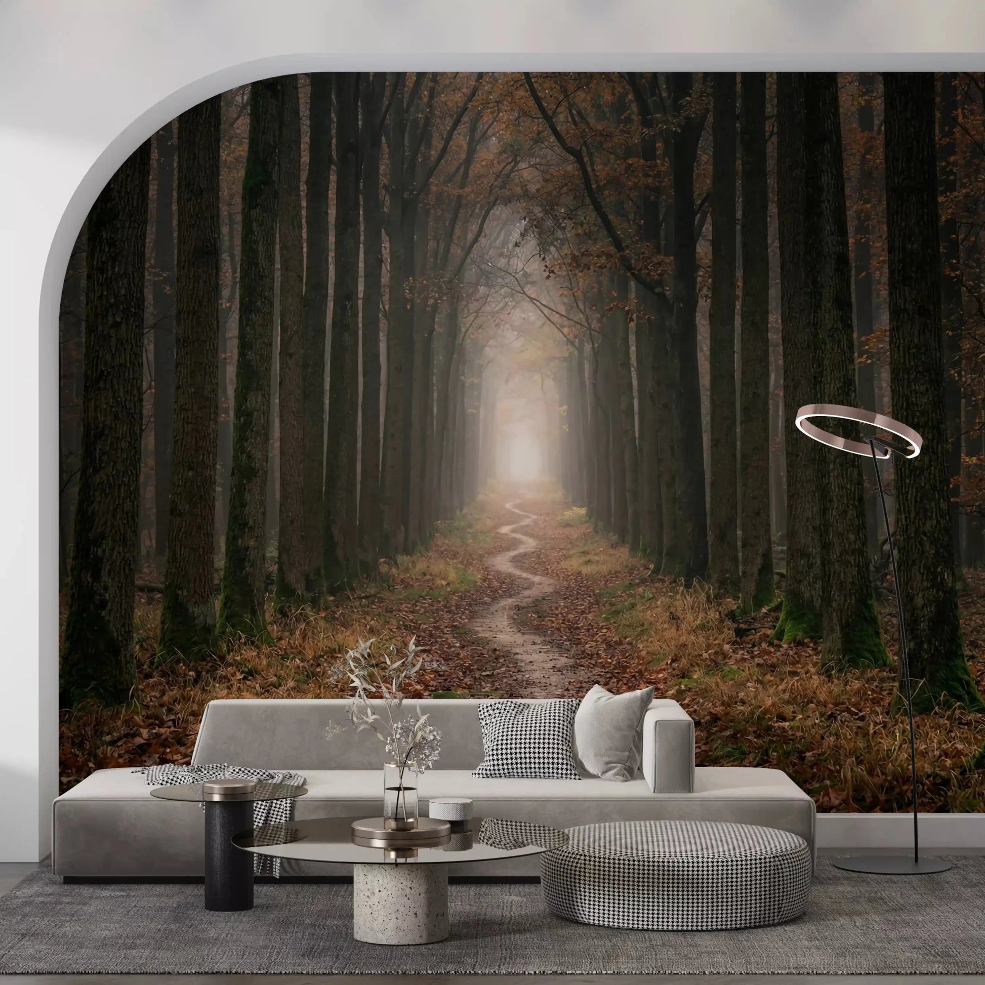 Misty forest way wall mural with tall trees and pathway
