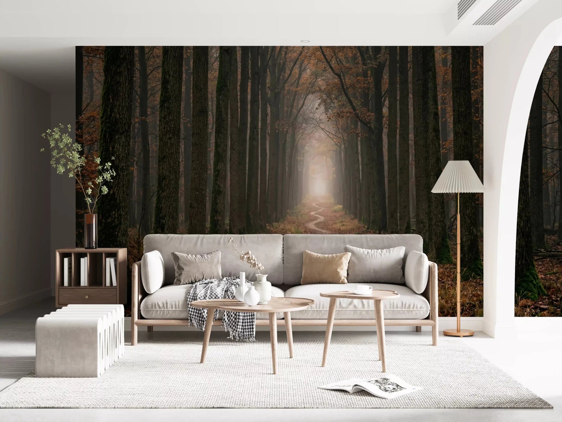 Scenic woodland wall mural with tall tree lines