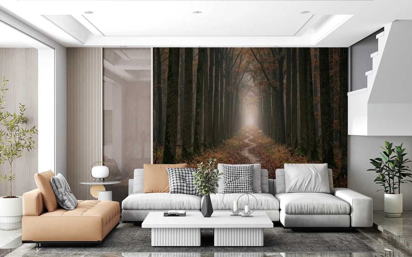Living room forest path wall mural misty woodland view
