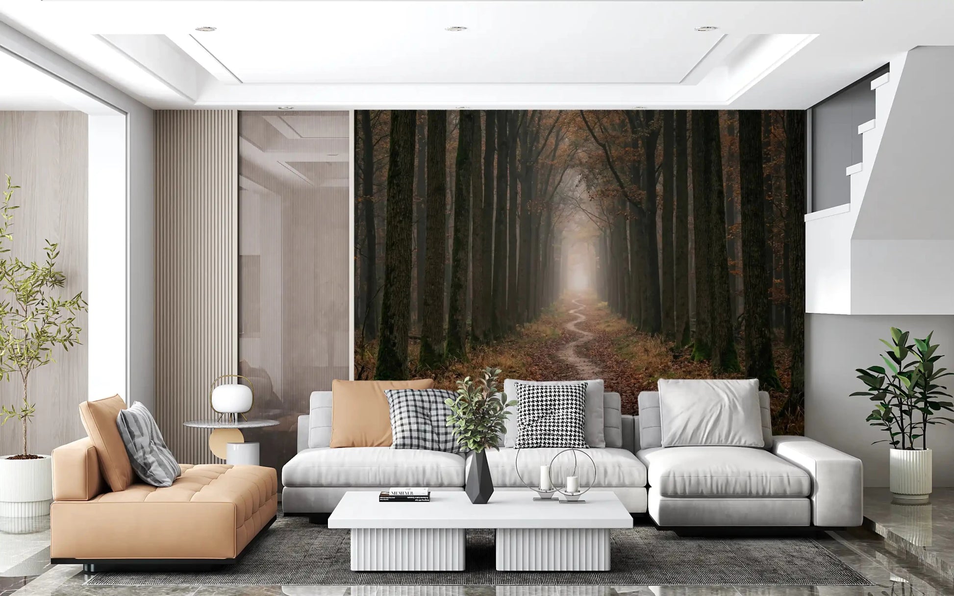 Living room forest path wall mural misty woodland view