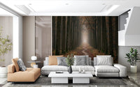 Living room forest path wall mural misty woodland view