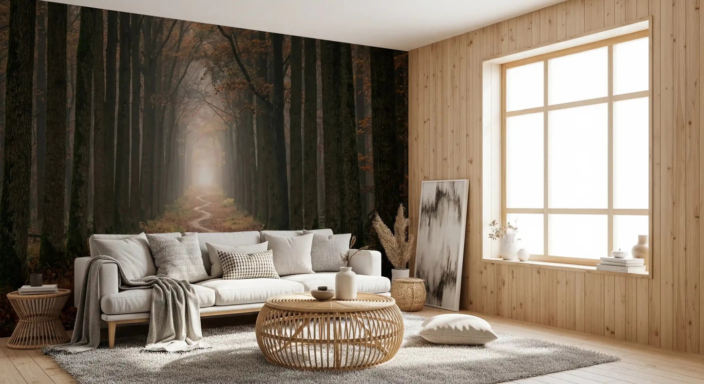 Woodland trail wall mural with autumn leaves ground