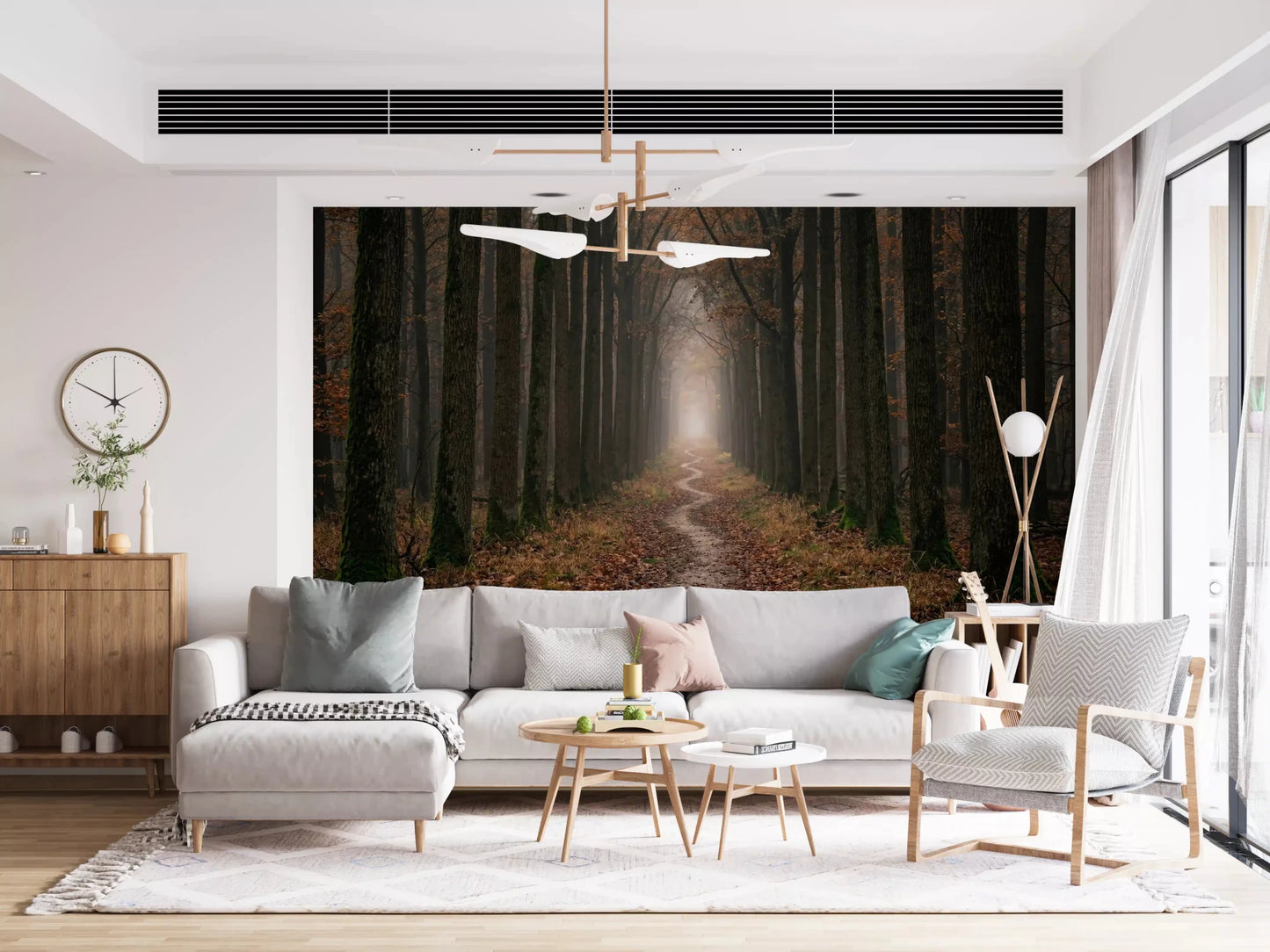Forest woodland pathway wall mural with foggy depth effect