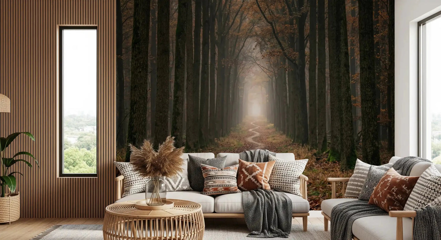 Nature forest wall mural with winding earthy trail