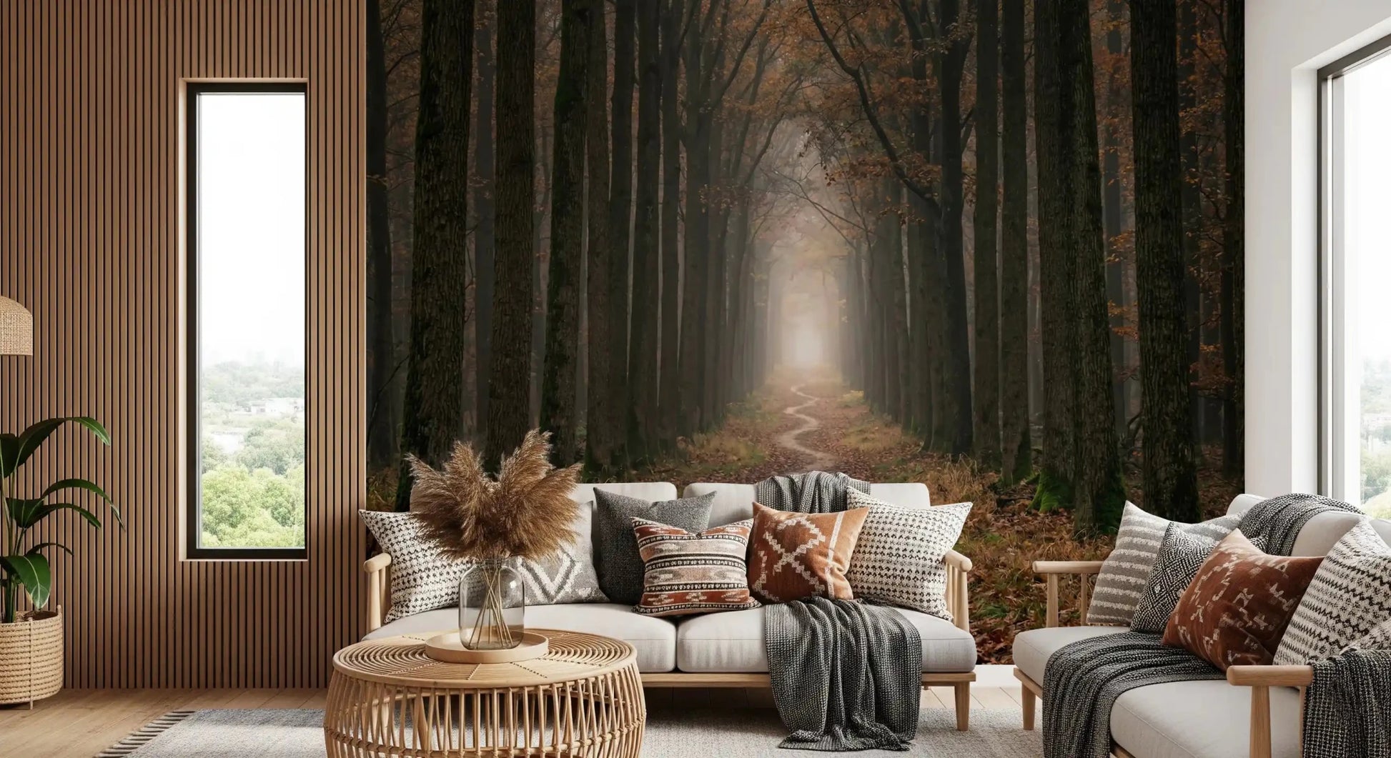 Nature forest wall mural with winding earthy trail