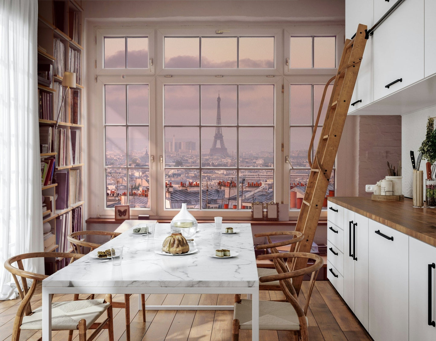 Romantic city skyline wall mural named Window to Paris for bedrooms.